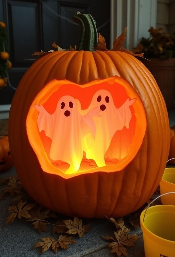 A carved pumpkin featuring two glowing ghost figures, placed on a doorstep with autumn leaves and tr