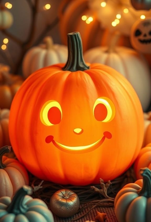 A cheerful jack-o’-lantern with a smiling cartoon-style face, surrounded by decorative pumpkins and