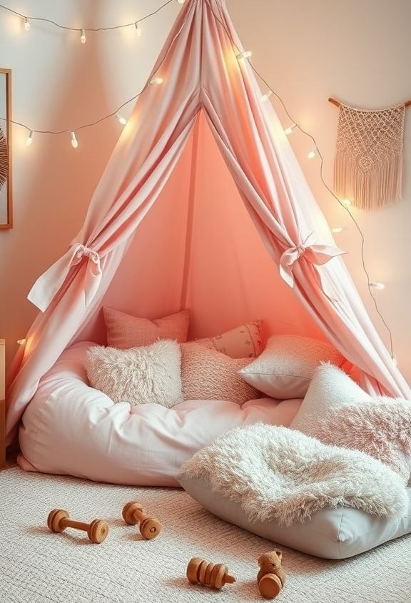 Kids’ play corner with a blush pink teepee tent, fluffy beanbag chair, blush pillows, and a woven ru