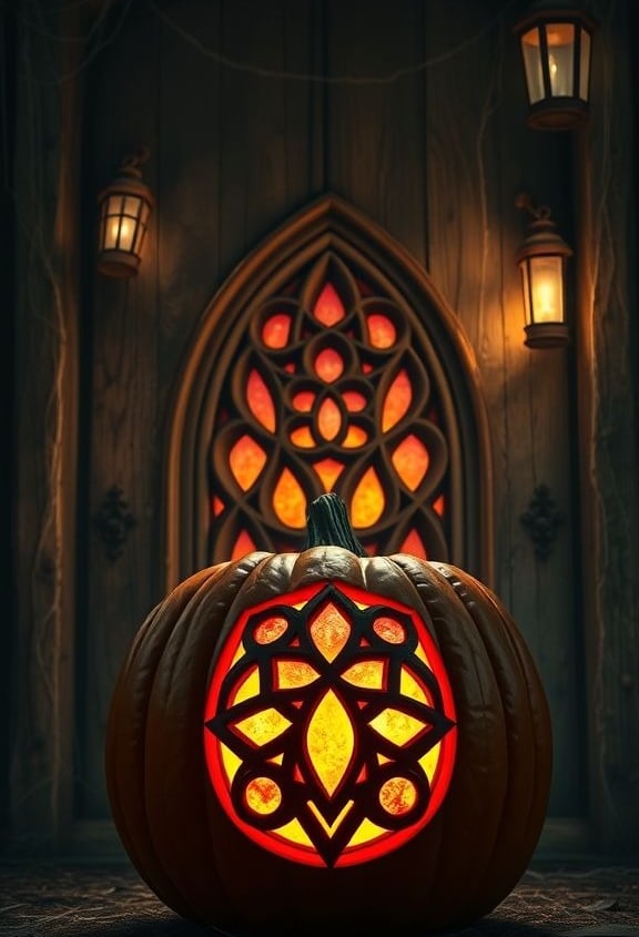 A pumpkin carved with an intricate geometric stained-glass style pattern, glowing in front of a goth