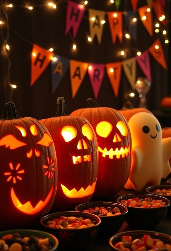 A group of carved pumpkins with different spooky faces glowing at a Halloween party, surrounded by c