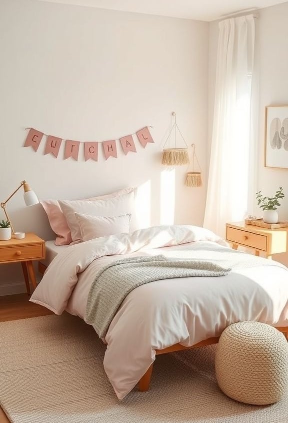 Modern kids’ bedroom combining blush pink bedding with beige, cream, and soft gray décor, featuring 