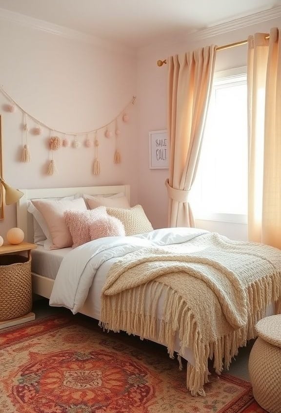 Child’s bedroom decorated with blush pink boho textiles, including a patterned rug, pom-pom pillows,