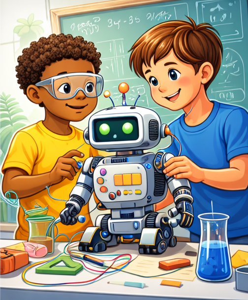 Diverse students working on robotics coding and science projects representing STEM learning environm