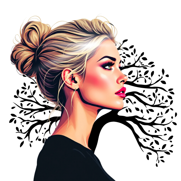 a woman with a her hair up and the tree of life behind her