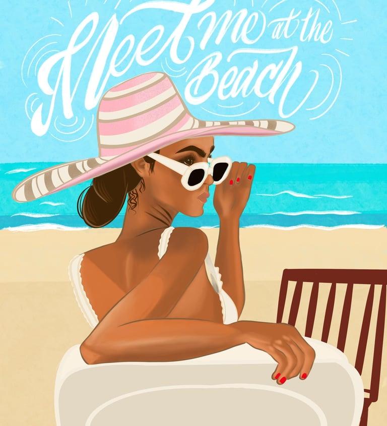 Retrato femenino caribeño, tropical, en playa, con lettering, latino, piel canela.