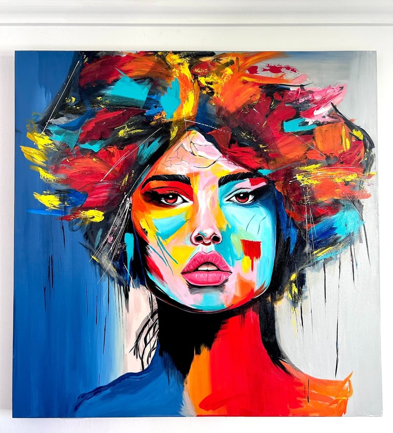 Retrato contemporáneo de una mujer pintado a mano en acrílico sobre lienzo de gran formato. 