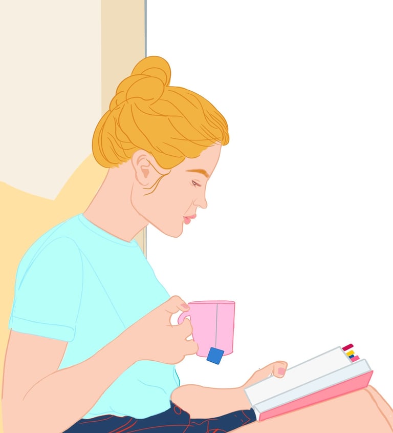 Retrato femenino line art, mujer rubia, leyendo y tomando té.
