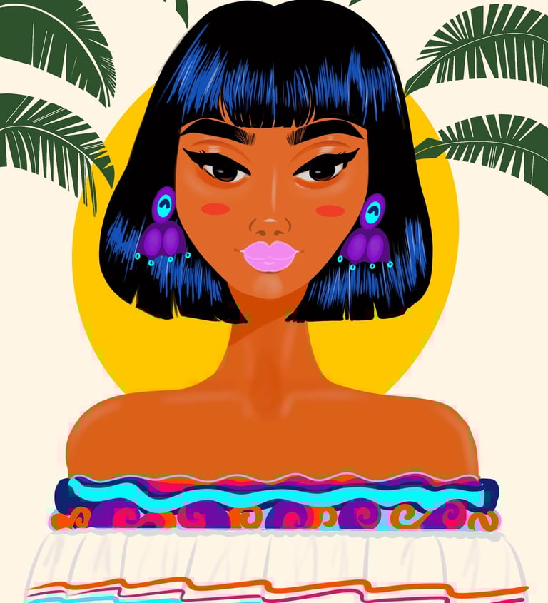Retrato femenino caribeño tropical, alegre, colorido, latino, playero, isleño.
