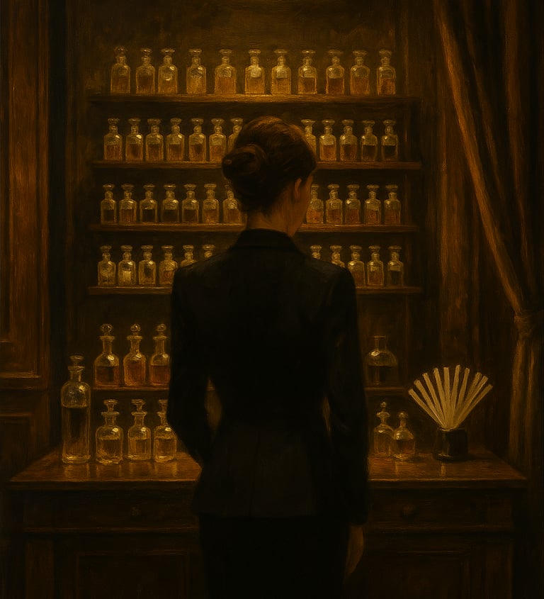Femme élégante en tailleur dans un atelier de parfumerie de luxe
