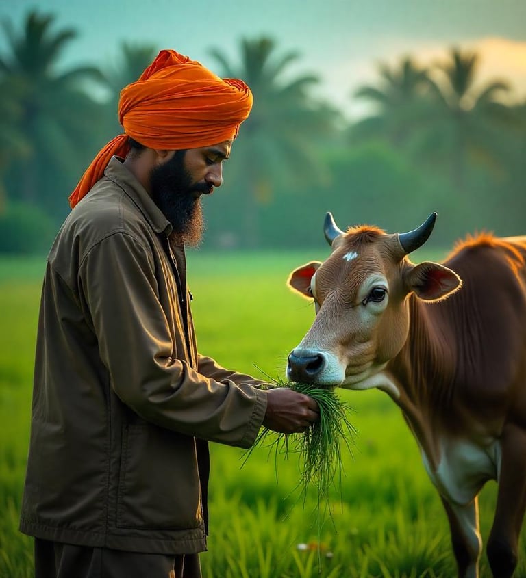 गौमाता की सेवा करता युवा - करुणा का प्रतीक