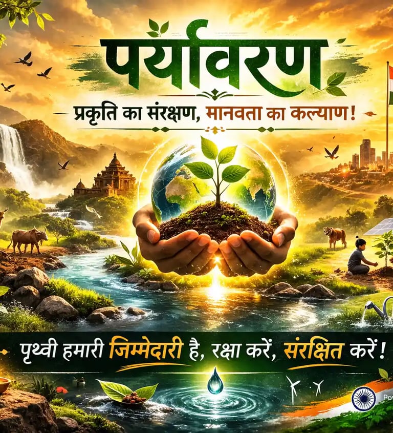 प्रकृति संरक्षण का संदेश देती पर्यावरण थीम छवि, पृथ्वी और पौधे के साथ जनजागरूकता प्रतीक – चित्रावली DeshDharti360