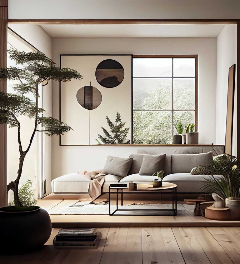 Serene minimalist room with natural wood elements and lush greenery views.