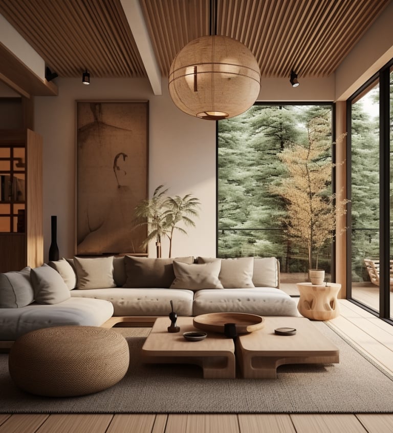 Modern living room with large windows overlooking a serene forest setting.