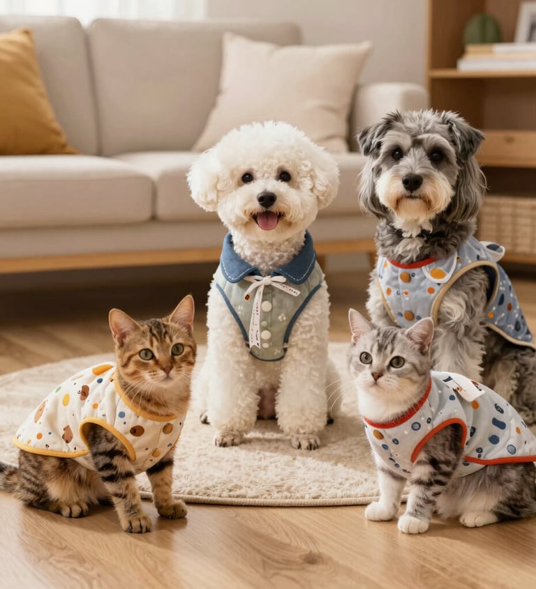 Dos perros y dos gatos con elegantes prendas y chalecos estampados para mascotas están sentados