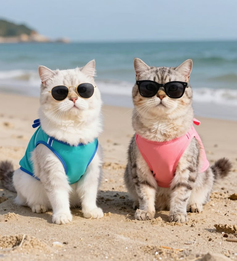 Dos gatos esponjosos, con gafas de sol y coloridos trajes de baño, están sentados en LA PLAYA