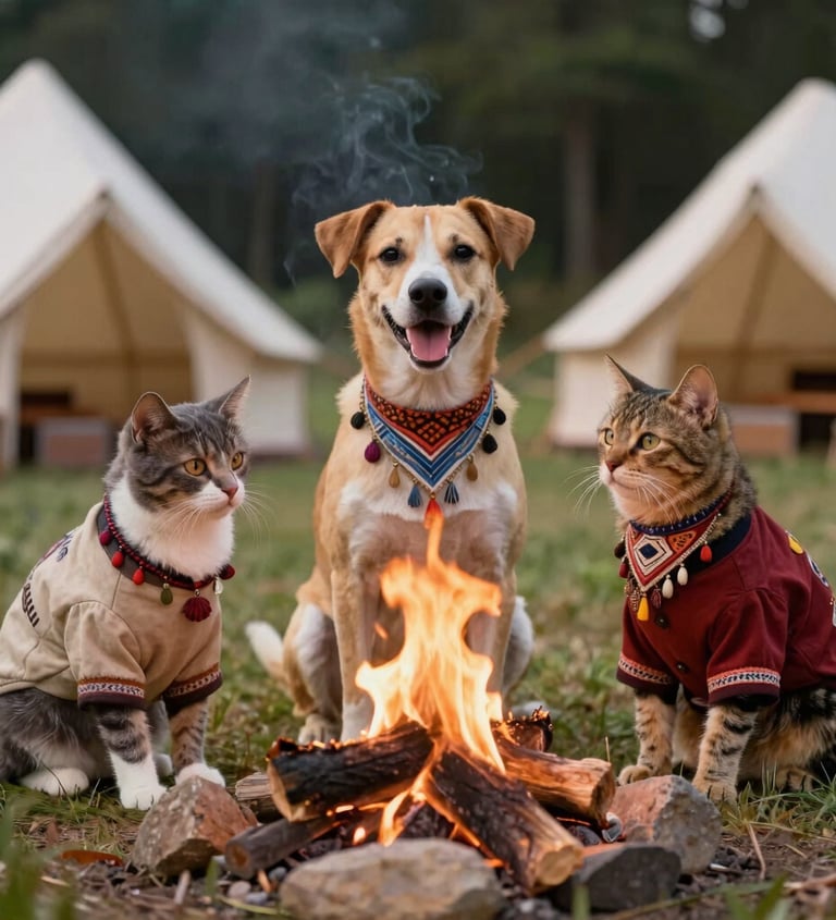 Un perro y dos gatos con suéteres sentados junto a una fogata en un camping de luJO