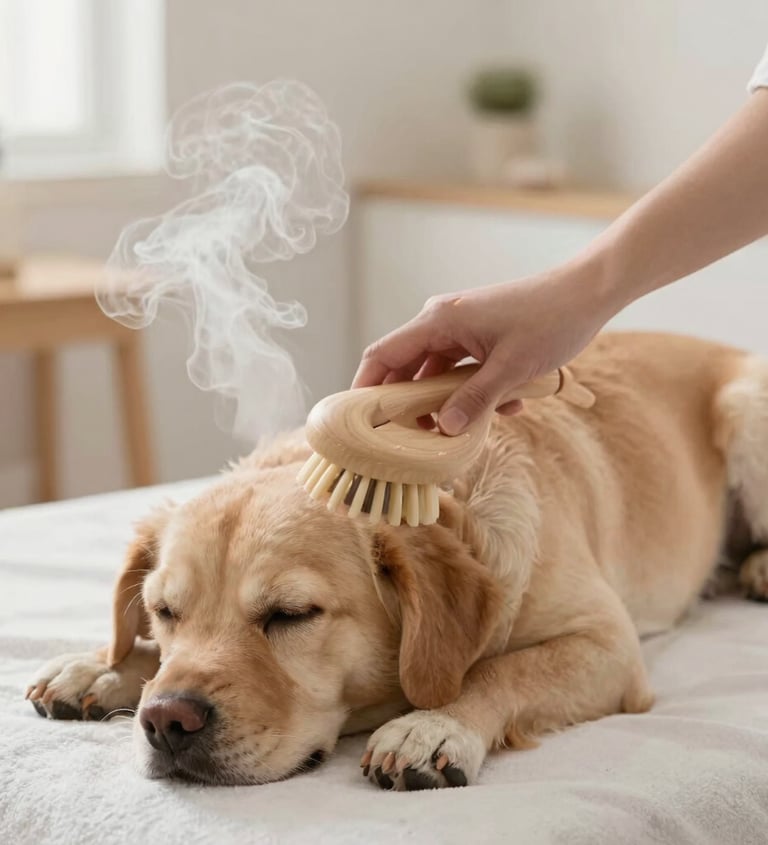 Perro Golden Retriever recibiendo una sesión de cuidado relajante con un cepillo de masaje para masc