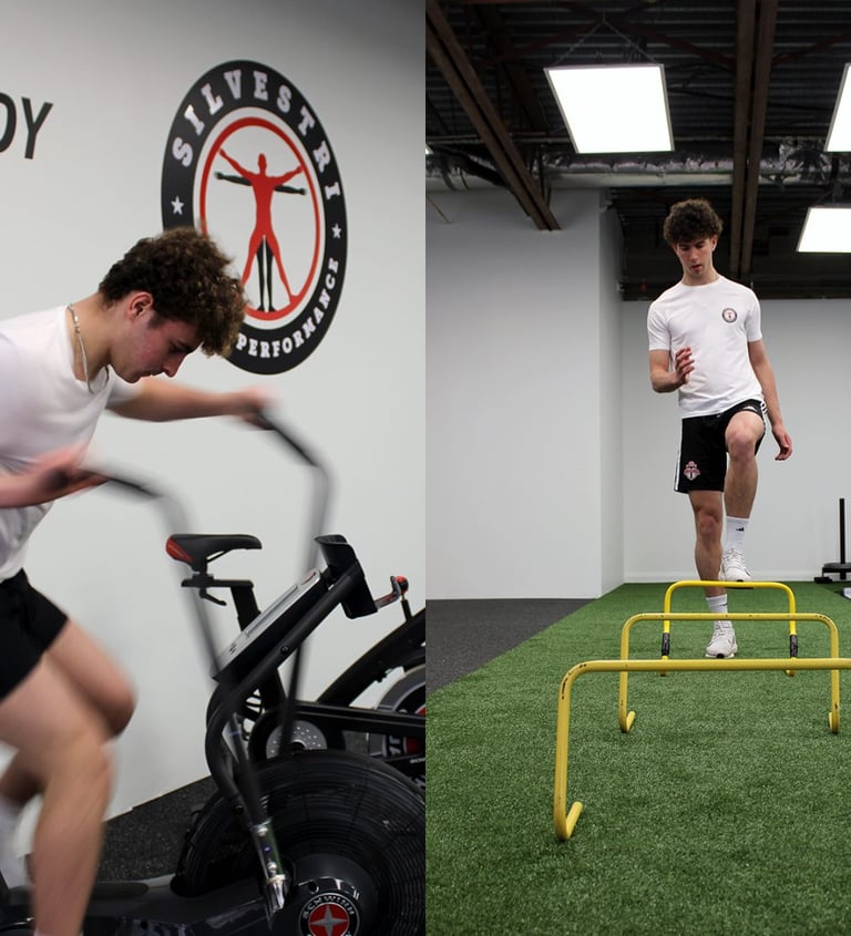 A young athlete performing cardio on an air bike and hurdle agility drills at Silvestri Performance gym.