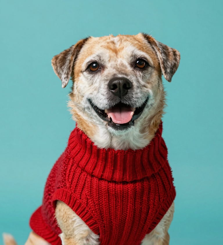 A happy senior mixed-breed dog wearing a cozy red knit sweater against a teal background.