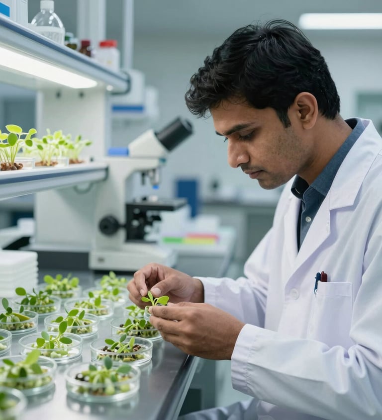 A modern seed quality testing laboratory, with a South Asian scientist inspecting green seedlings in petri dishes, clean state-of-the-art agricultural research facility, professional, reliable atmosphere.