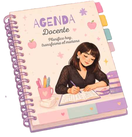 Agenda para docentes con encuadernación en espiral e ilustración de una mujer escribiendo