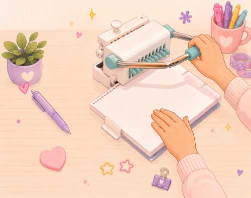 Una persona utiliza una máquina de encuadernación para perforar papel sobre un bonito escritorio