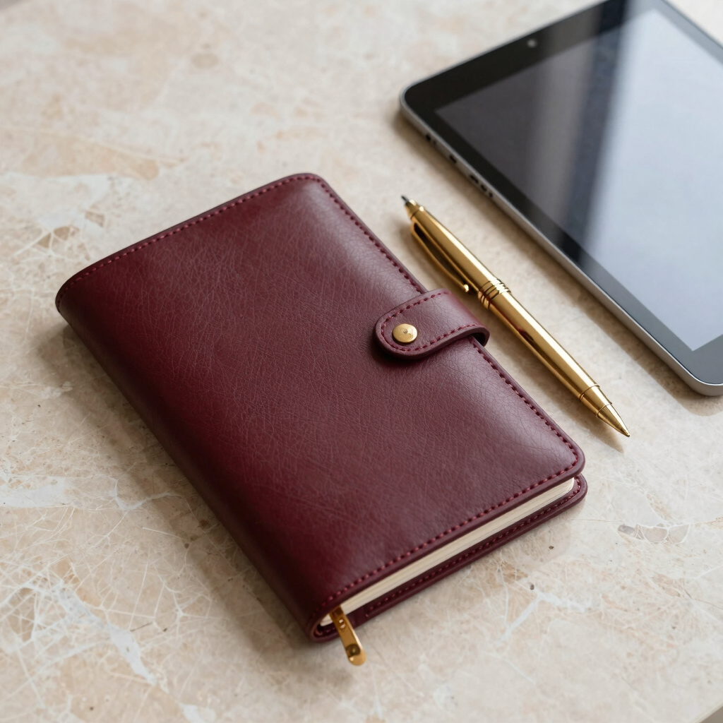 Close-up of a high-end desk setup with a luxury leather planner in bordeaux, a fine gold pen, and an elegant tablet on a beige textured marble surface. Minimalist and structured composition. European French style.