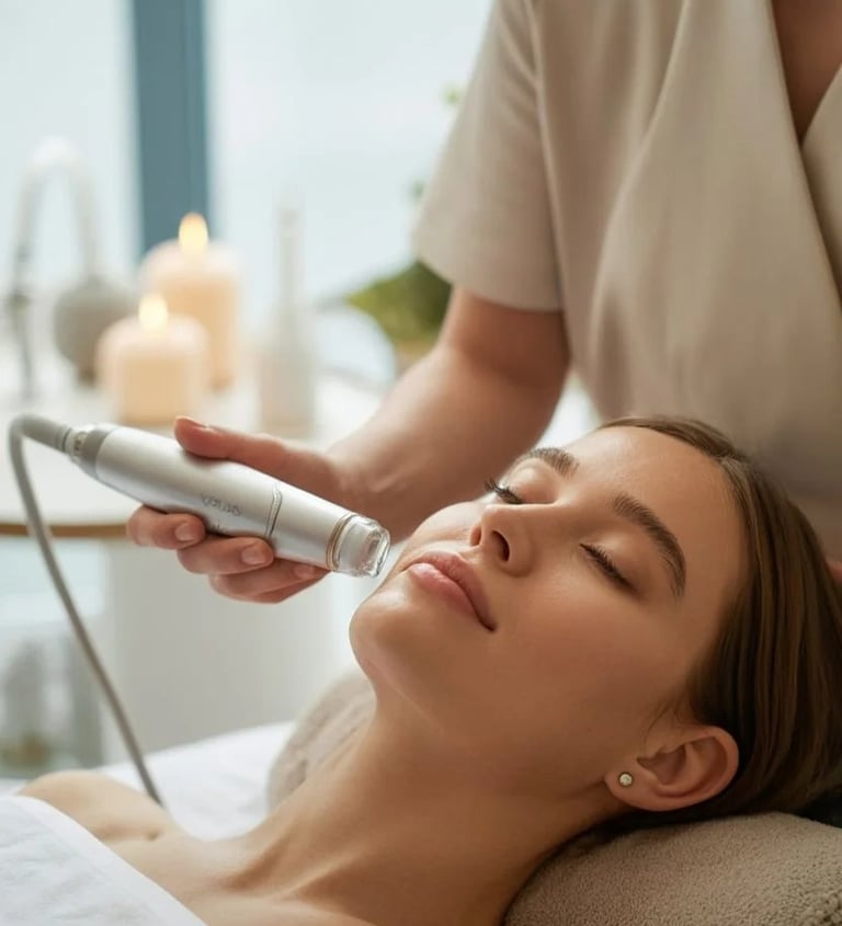 Professional esthetician performing a laser facial skin rejuvenation treatment on a relaxed woman at a spa.