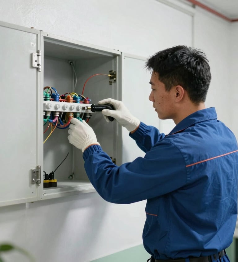 An electrical technician in blue uniform repairs a control panel with colorful wiring.