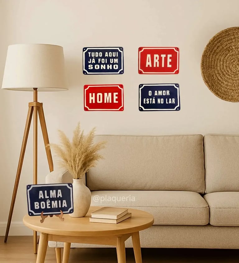 placas-esmaltadas-metal-plaqueria-decoracao-parede-sala-boho-estilosa- decorar