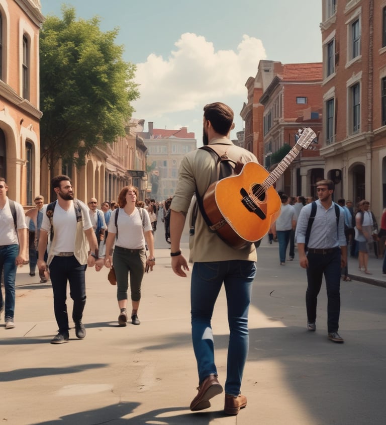 a man riding a skateboard down a street next to tall buildings