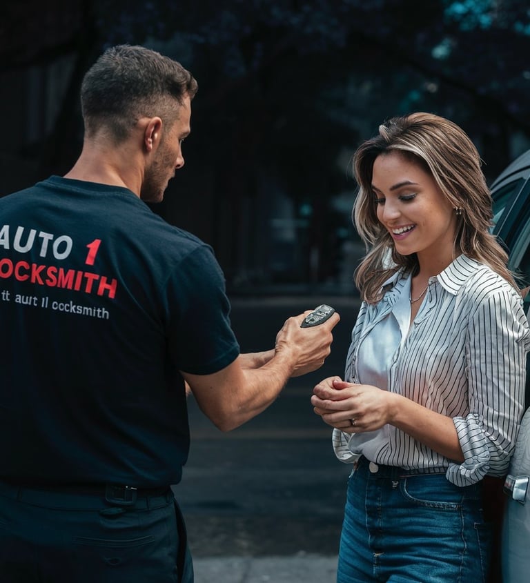 Auto 1 Locksmith profession delivering the programmed key to lady locked her car 