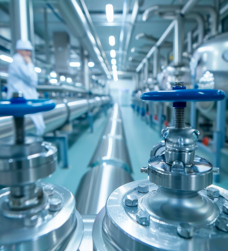 Tuberías industriales de acero y válvulas de control azules en una instalación de fábrica moderna.