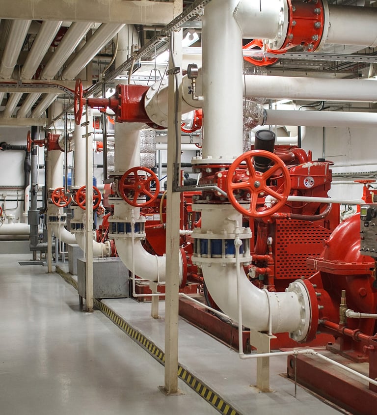 Cuarto de bombas contra incendios industrial con válvulas rojas y tuberías blancas para sistemas de