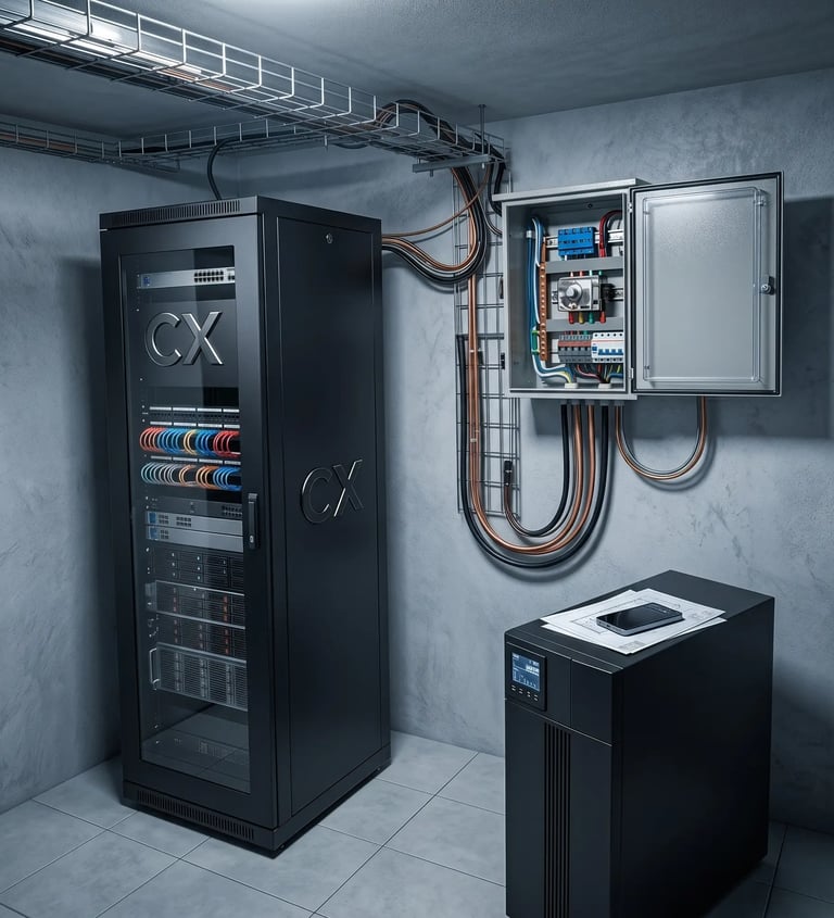 Rack de telecomunicaciones con infraestructura de red empresarial