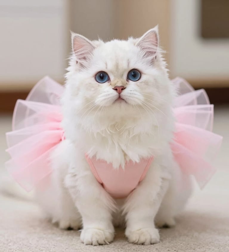 Un gatito persa blanco y esponjoso de ojos azules que lleva puesto un vestido de tutú rosa de bailar