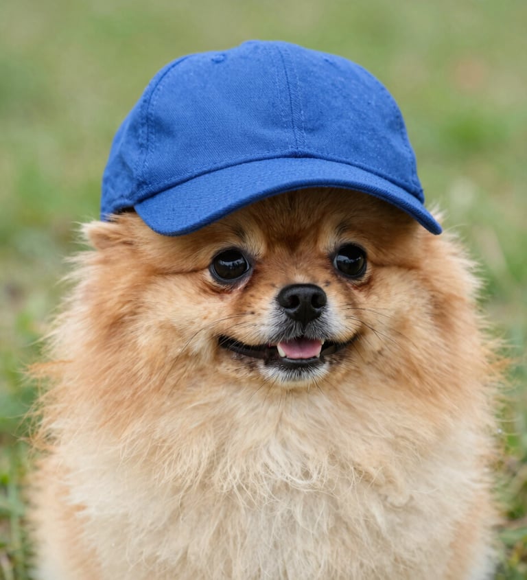 Un lindo y esponjoso perro pomerania con una gorra de béisbol azul brillante, sentado en la hierba.