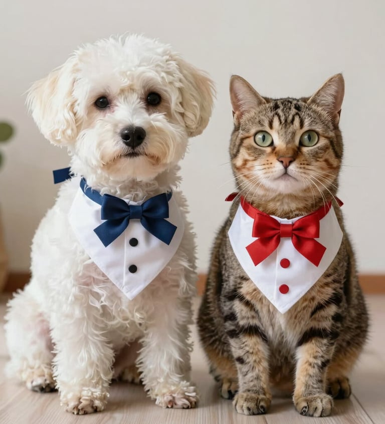 perro blanco y gato cafe con ropa hecha a mano y medida