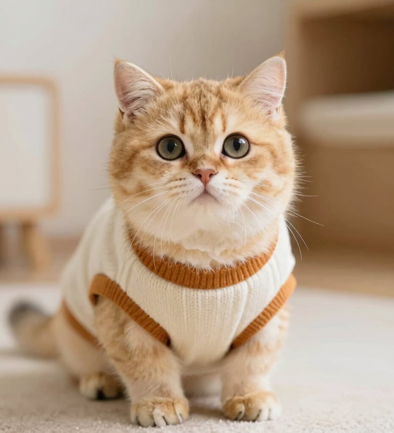 Adorable gatito British Shorthair de color jengibre con un acogedor jersey de punto blanco y naranja