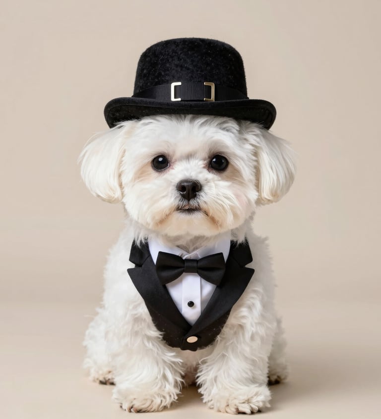 Un adorable cachorro maltés blanco con un chaleco de esmoquin negro, pajarita y sombrero de copa.