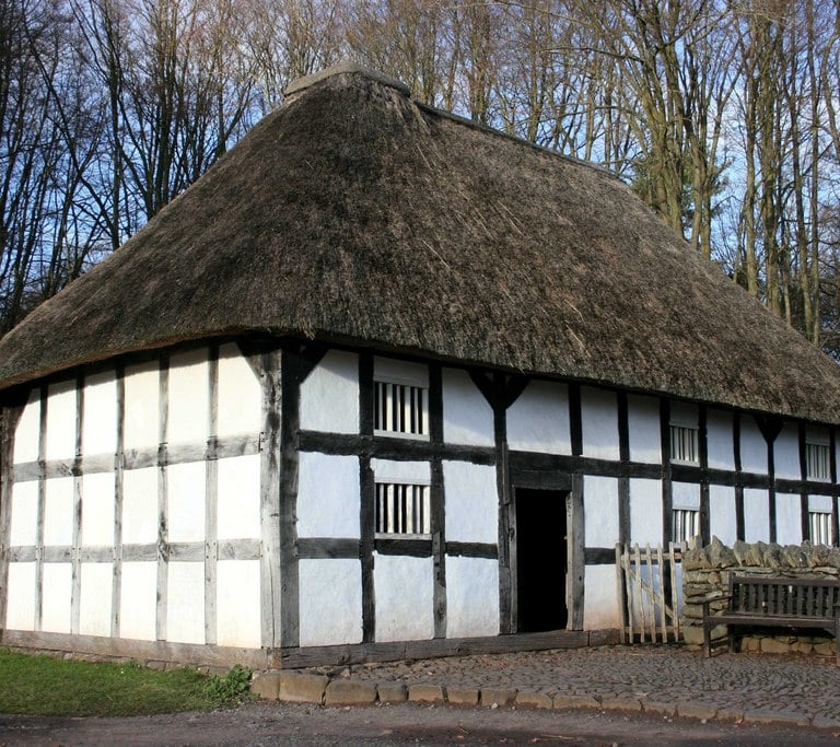 Historic timber-framed cottage with a thick thatched roof situated in a woodland setting.