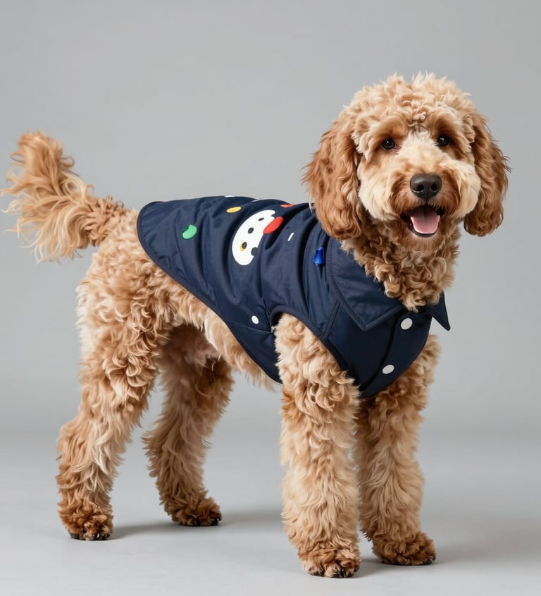 perro goldendoodle con chamarra