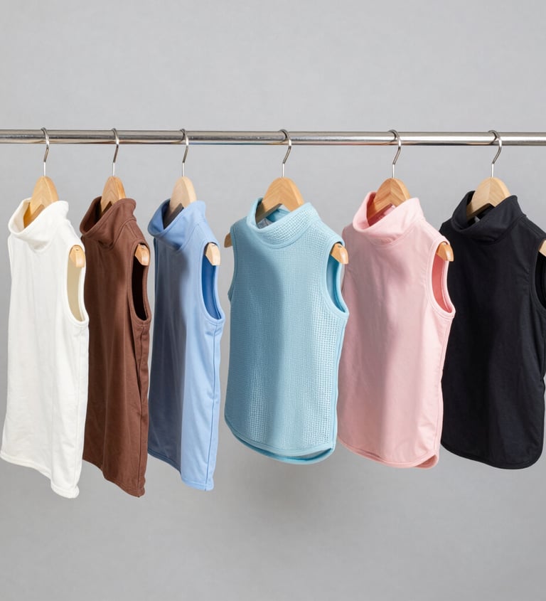 Una variedad de coloridas blusas de cuello alto sin mangas colgando de un perchero.