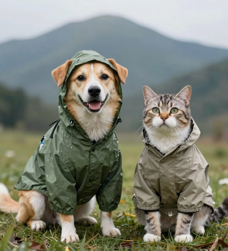 Un perro y un gato vestidos con ropa de lluvia y en el fondo una montaña.