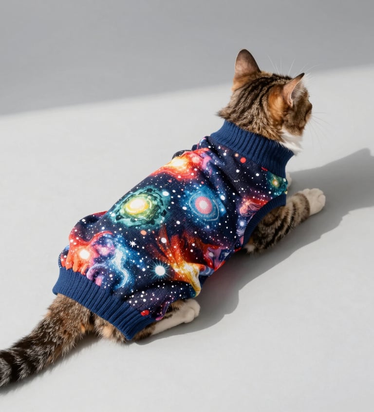 Un gato atigrado con suéter de un colorido estampado galáctico con estrellas y nebulosas.