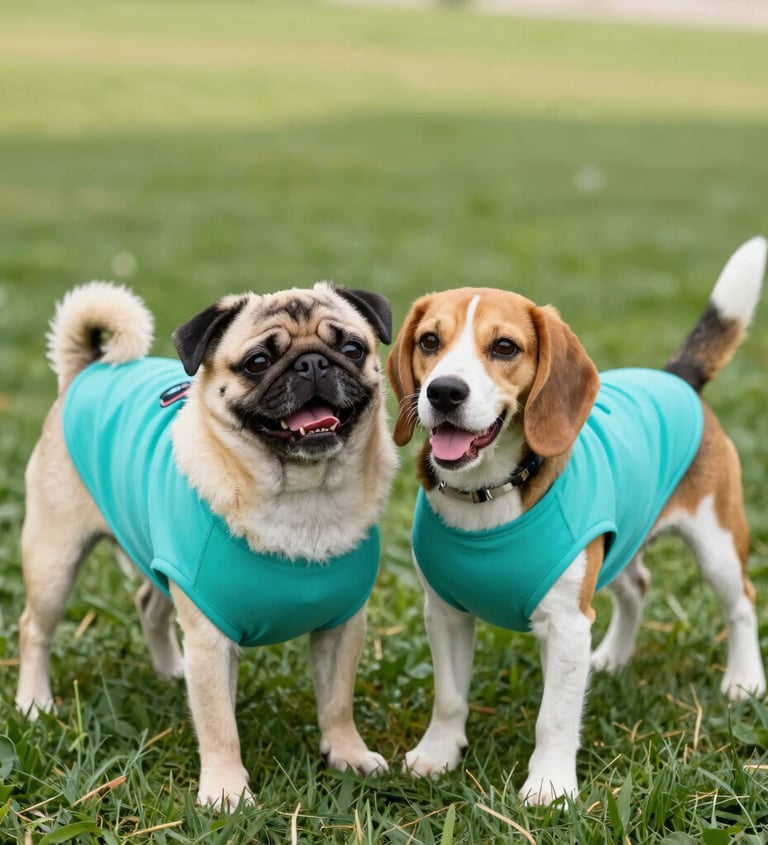 Un pug y un beagle con camisetas turquesas a juego, de pie sobre pasto.