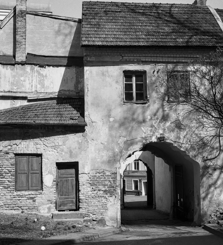 Image showcasing an aged building, exuding a vintage charm in black and white