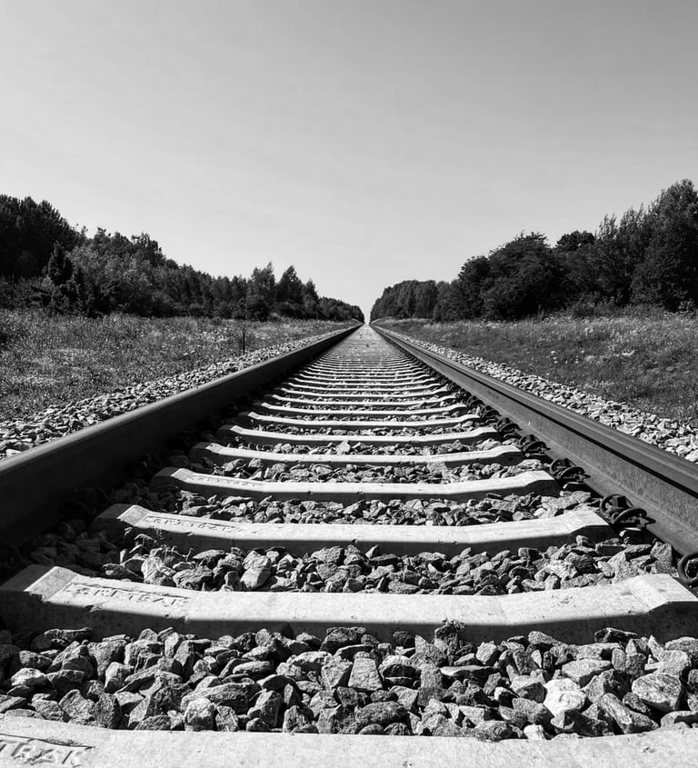 A monochrome image of a railroad track stretching into the distance