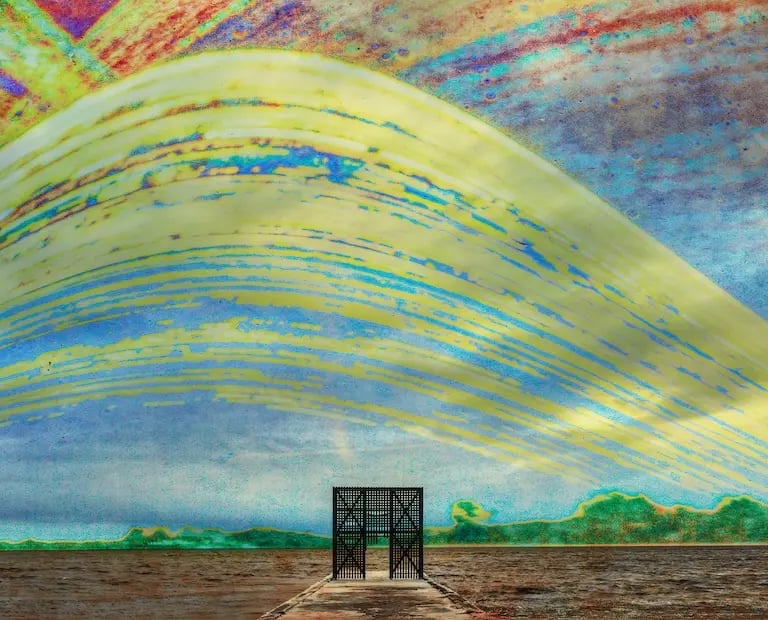 A vibrant painting of a dock under a colorful sun trails in a clear sky, evoking a sense of tranquility and beauty